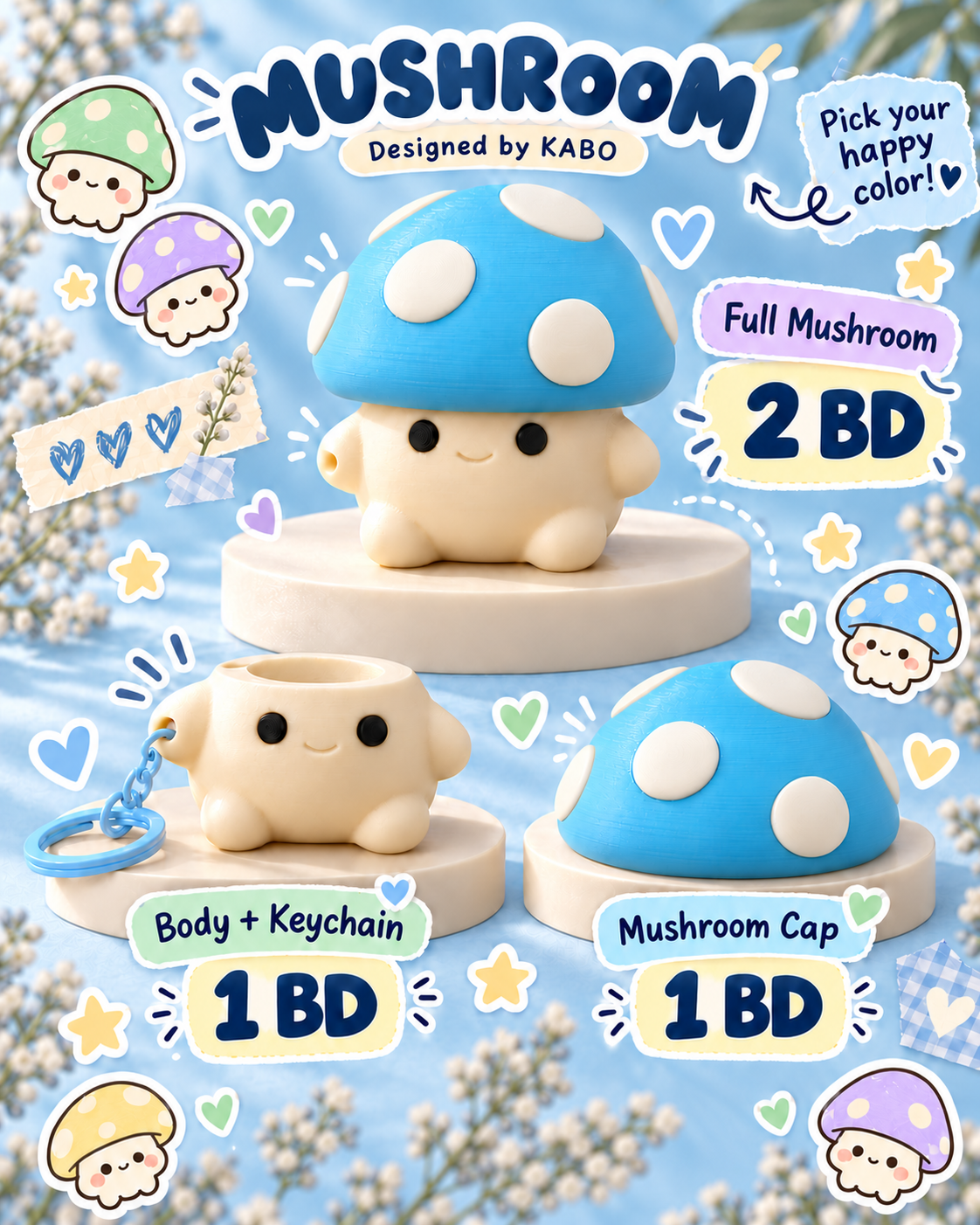 Mushroom prices: full mushroom 2 BD; body with keychain 1 BD; mushroom cap 1 BD.